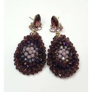 Gold Cake Purple Beaded Teardrop Rhinestone Earrings